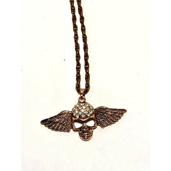 Bronze-tone Winged Skull with Rhinestones Necklace - Picture 1 of 3